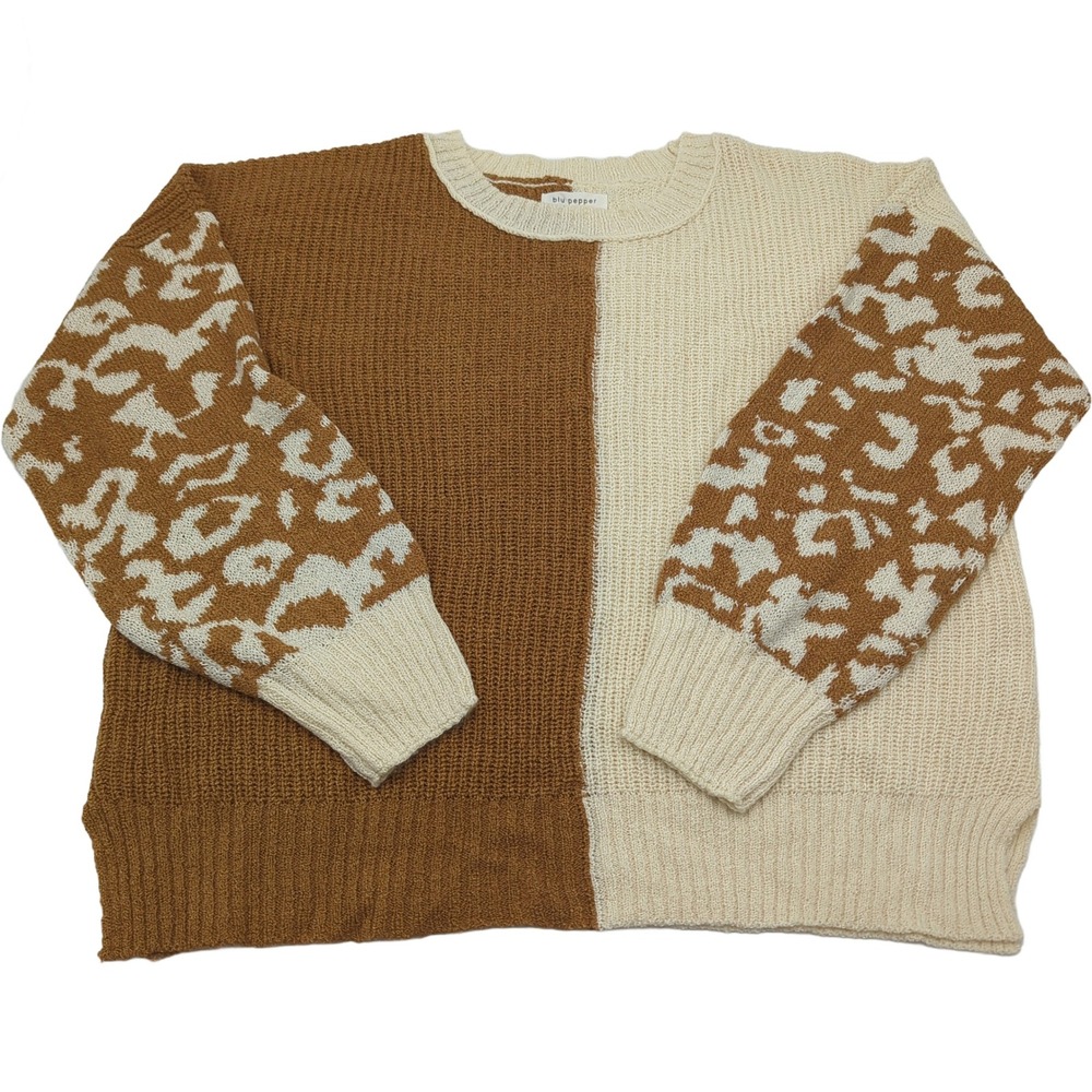 Blu Pepper Colorblock Leopard Print Sweater Brown Cream Crew Neck Medium CR1940
